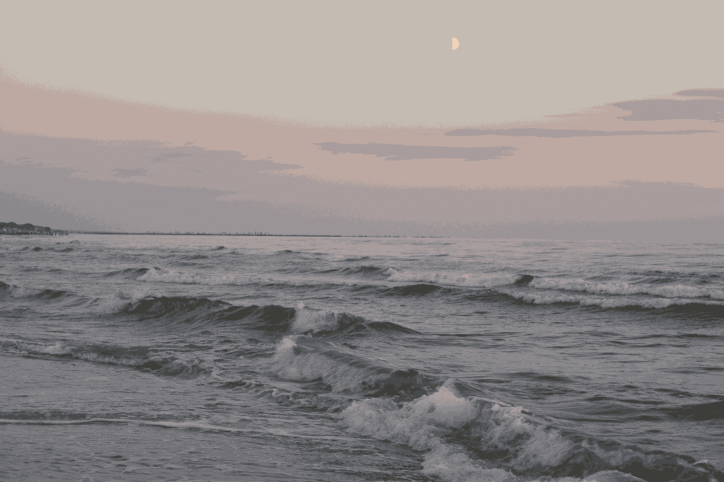 The same picture of the sea reduced to 12 colors using the k-means algororithm.